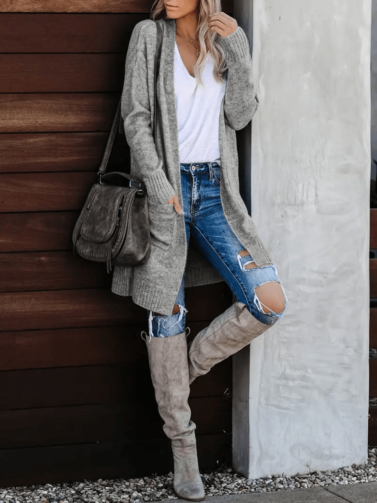 Dual Pockets Open Front Cardigan